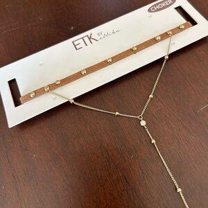 NWT ETK by Ettika REVOLVE Brown Studded Faux Suede Choker Y Drop Lariat Necklace